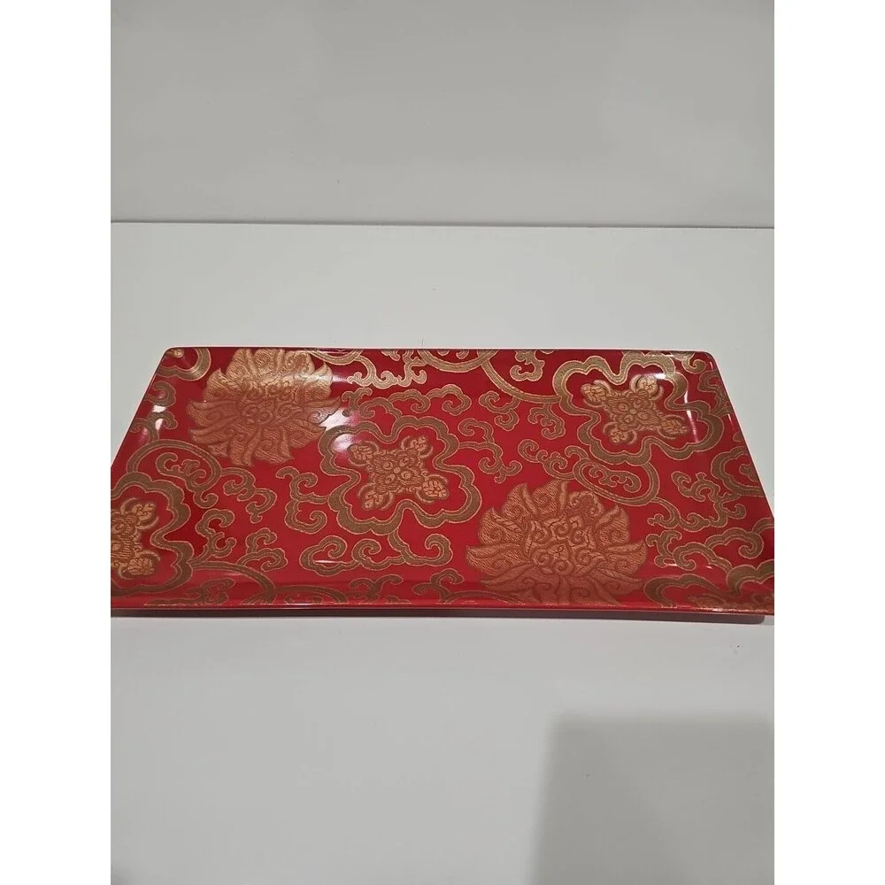 Pottery Barn Chinoise Plate, 16x8 Inch, Red/Gold Rectangle Discontinued